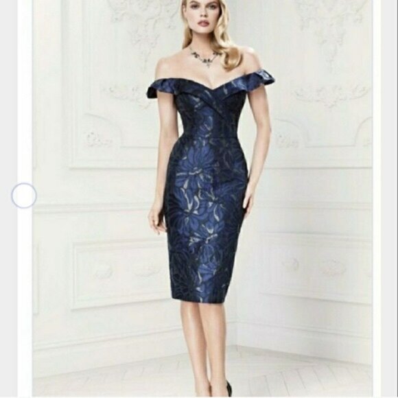 NWT Truly Zac Posen Off-Shoulder Sweetheart Brocade Cocktail Dress Navy Size 6 - Picture 1 of 10